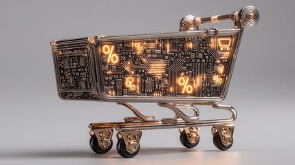 cyber monday Digital shopping cart with circuit board design and percentage symbols.
