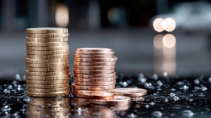 Stacks of Shiny Gold Coins on Wet Black Surface in Dark Theme Background Finance Investment Growth
