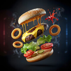 Epic Floating American Burger in Cinematic Composition