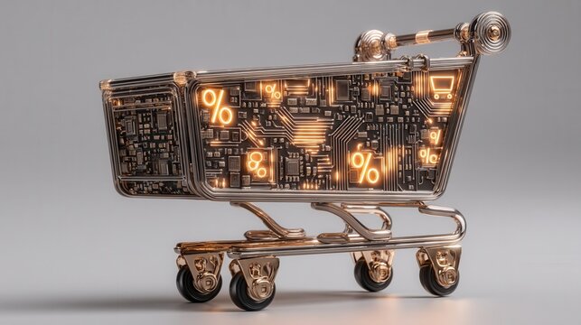cyber monday Digital shopping cart with circuit board design and percentage symbols.