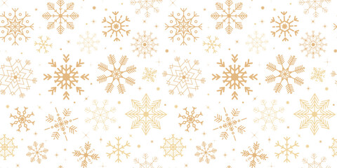 Seamless pattern with various golden geometric snowflakes. Winter wallpaper, various ornate ice crystals. Decoration, background for Christmas, New Year designs, greeting cards.
