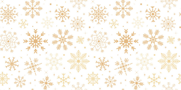 Seamless pattern with various golden geometric snowflakes. Winter wallpaper, various ornate ice crystals. Decoration, background for Christmas, New Year designs, greeting cards.