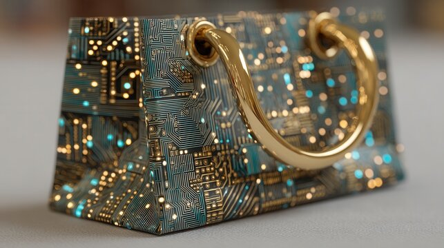 cyber monday Stylish handbag with a circuit board design and golden handle. - Powered by Adobe