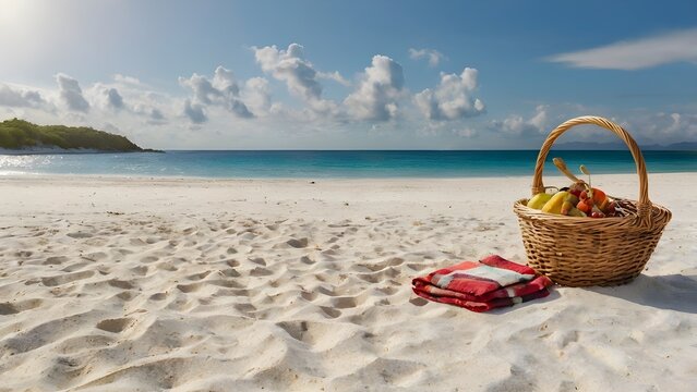 Close view of picnic basket with fruits on sandy tropical beach under bright blue sky.