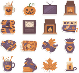 Autumn Halloween Cozy Vector Sticker Set with Pumpkins, Candles, and Seasonal Icons