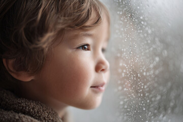 A serene portrait of a child gazing out a rainstreaked window. Evokes feelings of thoughtfulness, wonder, and quiet contemplation. Ideal for themes of childhood, home, and introspection.