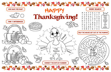 Festive placemat for kids. Printable activity sheet "Happy Thanksgiving" with a labyrinth, connect the dots, and a coloring page. 17x11 inch printable vector file
