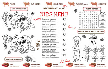 A kids' menu at a steakhouse with interactive activities and useful information about steaks. 17x11 inch printable vector file