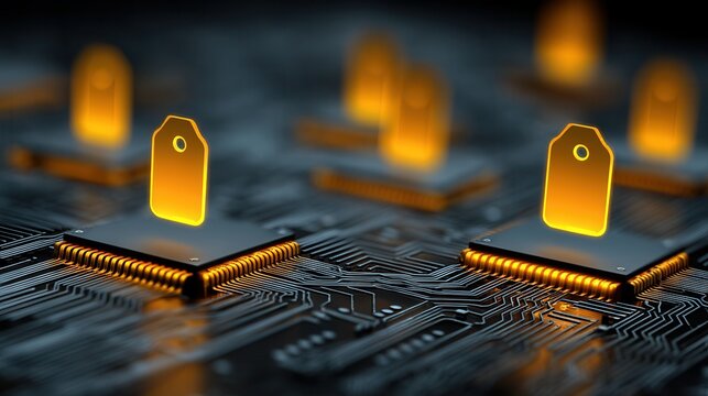 cyber monday Futuristic circuit board with glowing components. - Powered by Adobe