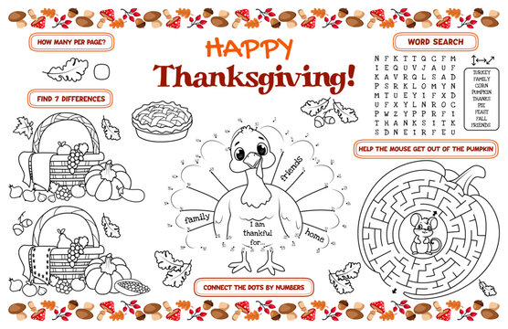 Festive placemat for kids. Printable activity sheet "Happy Thanksgiving" with a labyrinth, connect the dots, and a coloring page. 17x11 inch printable vector file