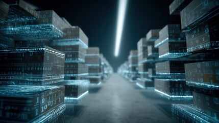 cyber monday Futuristic data storage environment with glowing binary code.