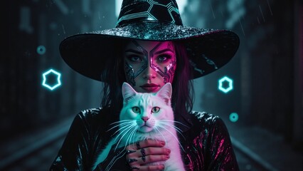 Cyberpunk witch in a glowing futuristic hat holding a white cat with neon blue eyes, set on a rainy night street with digital geometric light effects