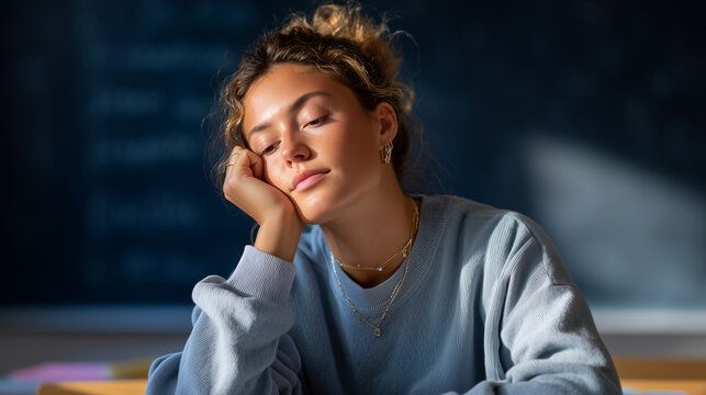 Young woman looking anxious while resting at desk in classroom  
