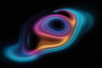 Abstract glowing vortex swirl with neon gradient wave lines on black background, futuristic energy texture
