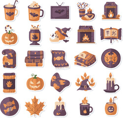 Autumn Halloween Cozy Vector Sticker Set with Pumpkins, Candles, and Seasonal Icons