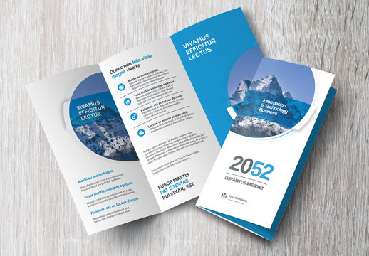 Corporate brochure design template &ndash; Professional modern tri-fold leaflet with geometric layout and business theme in Blue and White