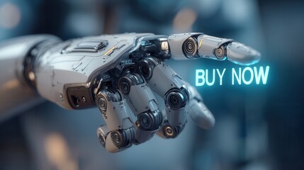 cyber monday Robotic hand reaching out with a "Buy Now" message.