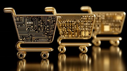cyber monday Digital shopping carts with circuit board designs on a reflective surface.