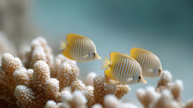 Two vibrant butterflyfish swim gracefully through a pristine coral reef, their elegant movements captivating against the backdrop of the turquoise ocean