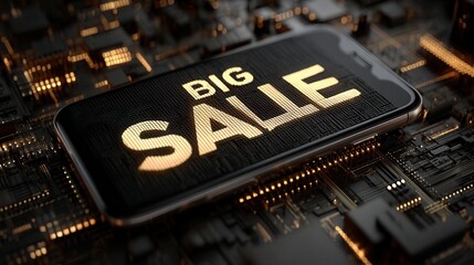 cyber monday Smartphone displaying a digital sale announcement on a circuit board.