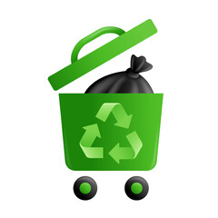 Green Recycling Bin Featuring a Garbage Bag - 3D Icon to Promote Sustainable Management