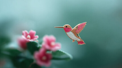 Obraz premium Elegant macro captures a hummingbird pin in flight against a soft floral backdrop, symbolizing beauty, agility, and vibrant life. Ideal for creative projects and designs.