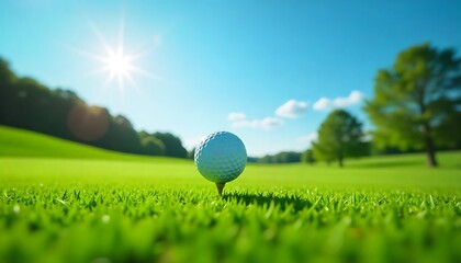 Perfectly placed golf ball poised for a powerful drive on a sun-drenched fairway, inviting a thrilling game