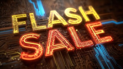 cyber monday Bright neon sign promoting a flash sale on a circuit board background.