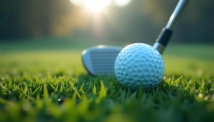 Perfectly poised golf ball and club on lush green fairway bathed in warm morning sunlight for a triumphant game