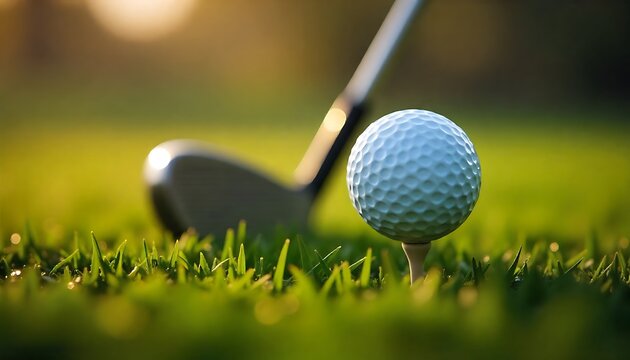 Perfectly teed golf ball and club poised for a powerful swing on a vibrant green course during golden hour
