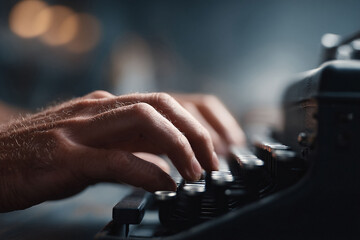 Fototapeta premium Closeup of hands typing on a vintage typewriter. Evokes creativity, nostalgia, authorship, and the writing process. Perfect for illustrating blogs, articles, or book covers.