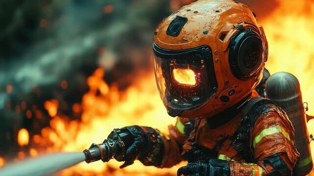 A firefighter battling a blaze with a hose