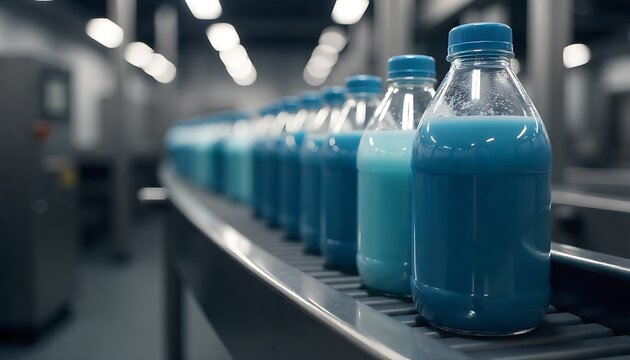 Modern factory line filling refreshing blue drinks in glass bottles for commercial beverage production, showcasing automation and quality control standards
