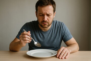 Caucasian adult man in gray t-shirt sits at wooden table, frowning slightly as he holds spoon over plain plate