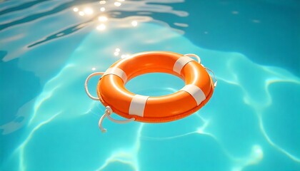 Bright orange life preserver floats serenely on sparkling blue pool water with sunlit reflections, symbolizing safety and summer fun.