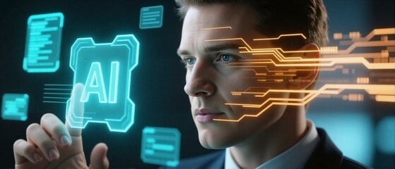 Businessman interacting with glowing AI digital interface, facial scan and futuristic circuit graphics, advanced technology and artificial intelligence concept