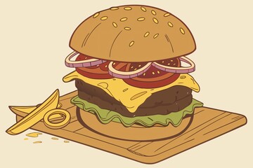 Cartoon hamburger with cheese lettuce tomato red onion Golden French fries and an onion ring on a wooden board
