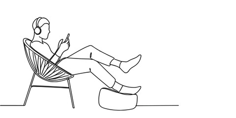 Minimalist one-line drawing of a relaxed person sitting on a chair with headphones, using a smartphone, and resting feet on a stool. Symbol of relaxation, digital lifestyle, streaming, remote work.