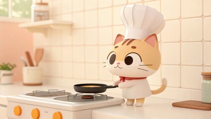 Animated tabby cat character dressed as a chef skillfully cooking small pancakes on a modern kitchen stovetop