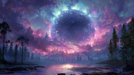 Obraz premium Surreal Cosmic Landscape with Vibrant Colors and Mystical Sky Reflected on Calm Water