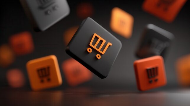 cyber monday Floating shopping cart icons in vibrant colors on a dark background.
