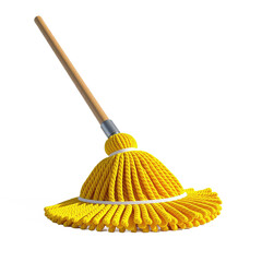 Yellow microfiber mop head with wooden handle isolated on transparent background no background