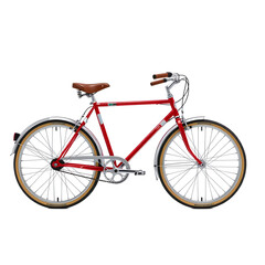 Red vintage bicycle with brown saddle and cream tires on transparent background