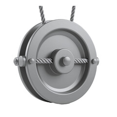 Gray pulley wheel with metal cable on transparent background for mechanical and engineering designs