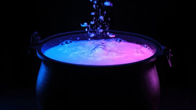 Neon Bubbling Cauldron - A black cauldron is filled with a liquid substance with bubbles rising to the surface, illuminated with neon blue and pink light against a black background.