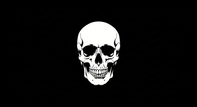 Stylized white human skull illustration centered on a solid black background Detailed jaw and eye sockets