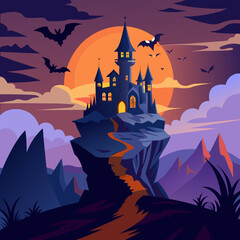 Spooky halloween castle on a cliff under a full moon