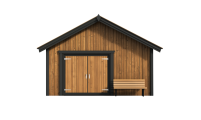 Stylish wooden garden shed outdoor space photography natural setting front view home improvement concept