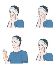 化粧水ミストを顔にかける男性のイラストセット