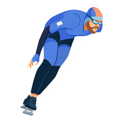 Male speed skater in blue suit and helmet leaning forward while skating fast, flat graphic style, on white background. Concept of winter sports. Vector illustration
